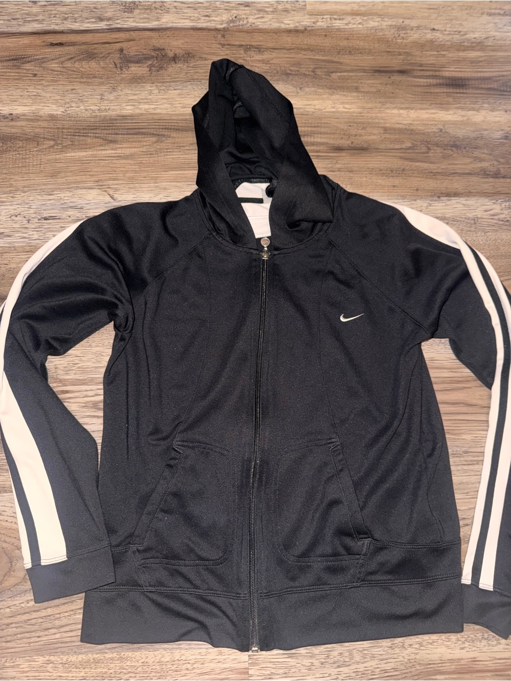 Nike Black Hooded Track Jacket with White Sleeve Stripes